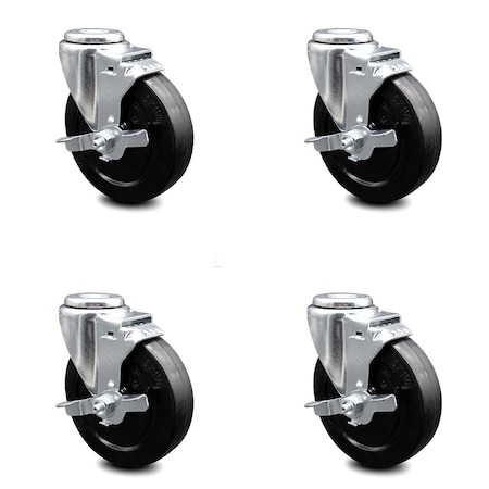 Service Caster 5 Inch Soft Rubber Wheel Swivel Bolt Hole Caster Set with Brake SCC-BH20S514-SRS-TLB-4